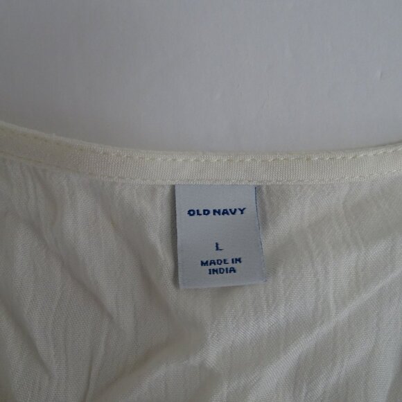 Old Navy Cream Boho Tunic Top Tassel Tie Women Size L Crinkle Rayon Short Sleeve - Picture 4 of 8
